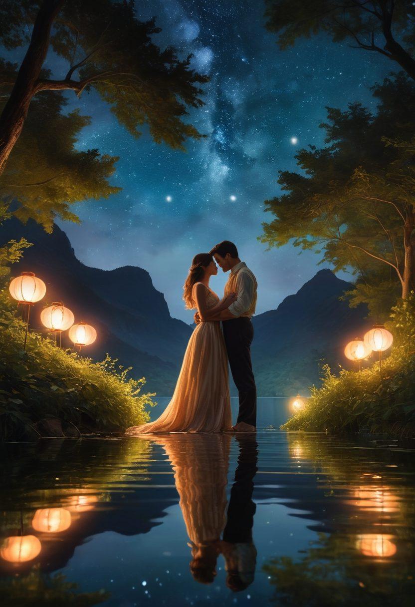 A romantic scene depicting a couple sharing a tender moment under a starry sky, surrounded by soft glowing lanterns and lush greenery. Their eyes communicate a deep emotional connection, while the background features a serene lake reflecting the moonlight. The atmosphere is filled with warmth and intimacy, emphasizing the journey from sweet moments to profound love. Vibrant colors. super-realistic.