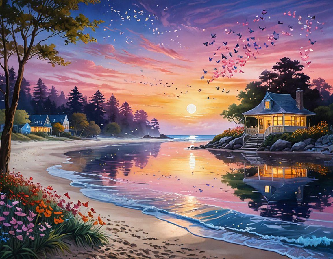 A whimsical and enchanting landscape illustrating Alicia's journey through various romantic landscapes: a sunlit park filled with blossoming flowers, a cozy café with glowing hearts, and a moonlit beach with gentle waves. Incorporate elements of connection, like intertwined hands or floating heart symbols around the scenes. Use soft, warm colors to evoke a feeling of love and intimacy. vibrant colors. painting.