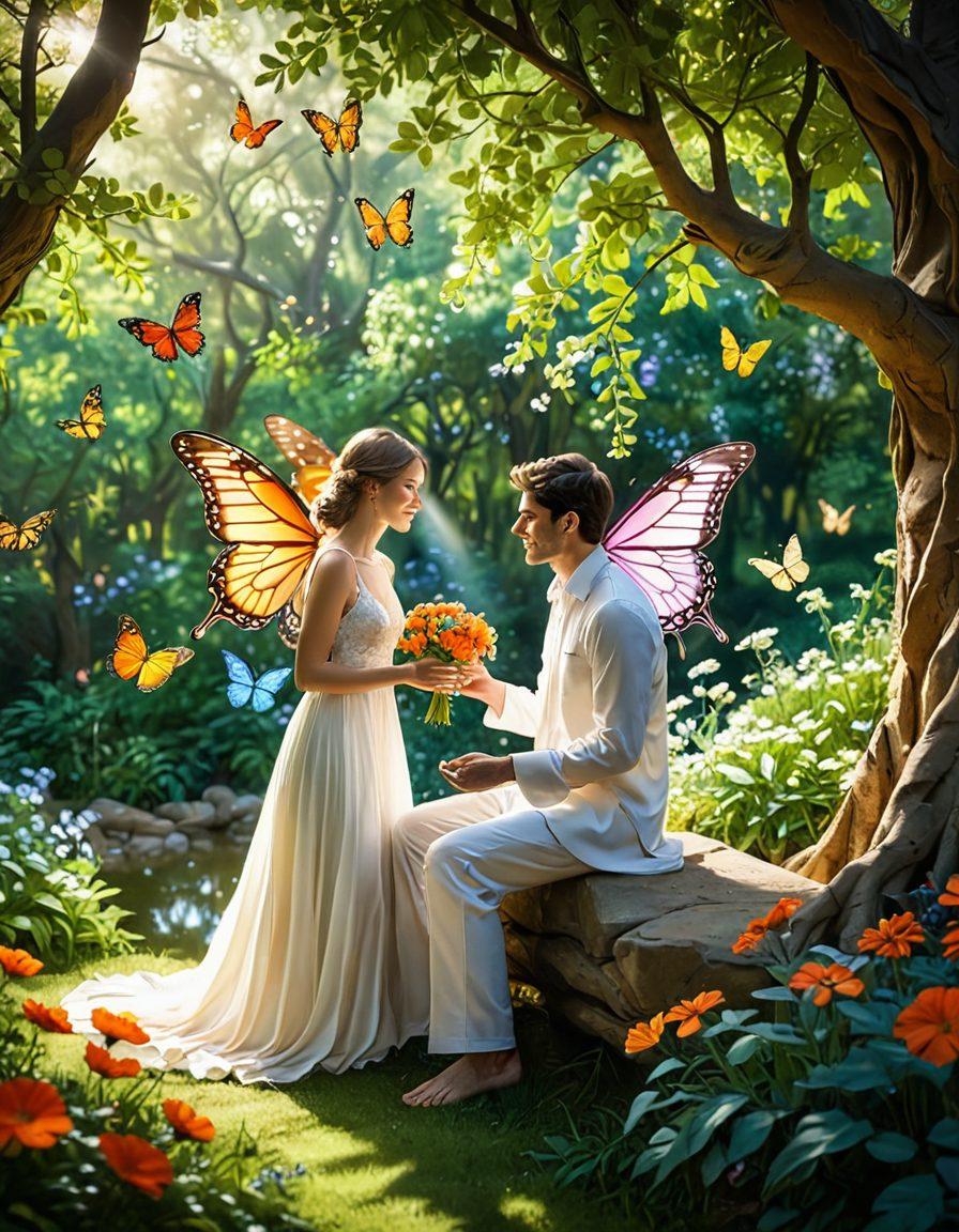 A warm, inviting scene showcasing Alicia in a serene nature setting, with soft sunlight filtering through trees. She is joyfully engaging with a partner, sharing a heartfelt moment that reflects love and intimacy. Surround them with colorful flowers and fluttering butterflies to symbolize new beginnings. Capture the essence of discovery and connection in the air. super-realistic. vibrant colors. soft focus.